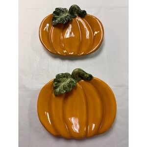 Kaldun & Bogle Ceramic Pumpkin Plates Set of 2 Harvest Thanksgiving Decor Orange